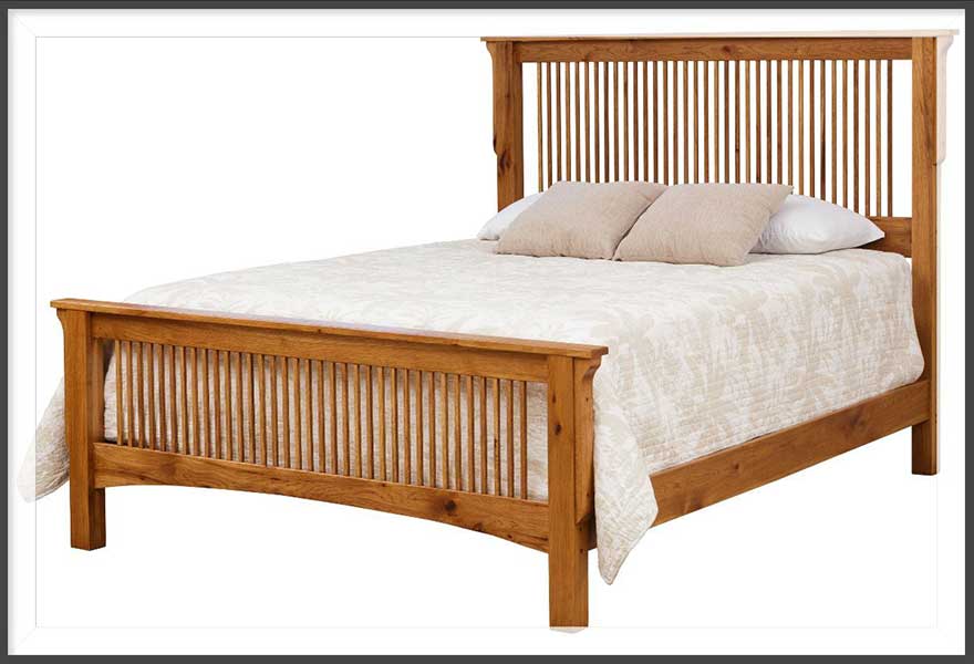 Hardwood Mission-style head- and footboards, classic design, made in USA.