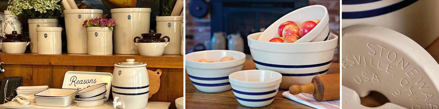 Stoneware bowls and crocks, made in Ohio, USA.