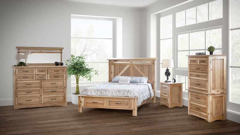 Farmstead Collection bedroom. Dresser, bed, nightstand, handcrafted Amish furniture.