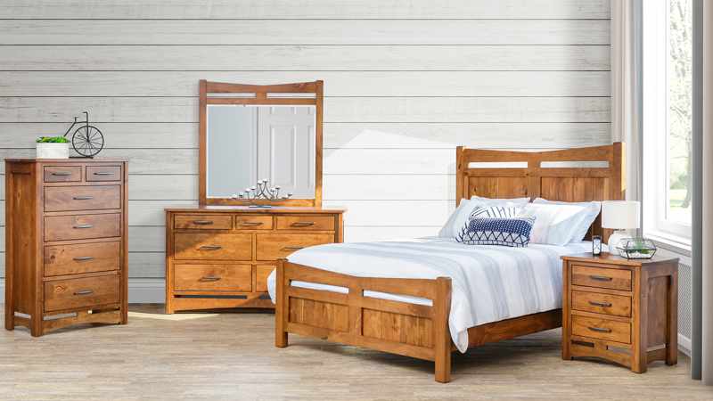 Homestead Collection bedroom. Dresser with mirror, bed, classic design, handcrafted Amish furniture.
