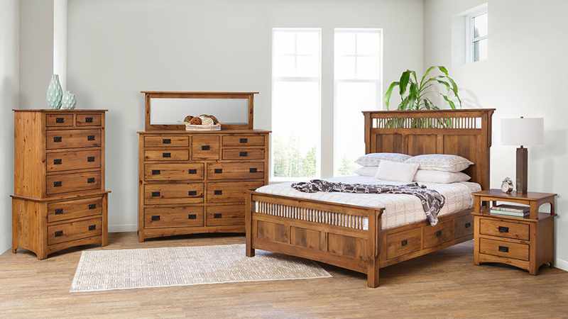 Mission Collection bedroom. Dresser with mirror, bed, mission design, handcrafted Amish furniture.