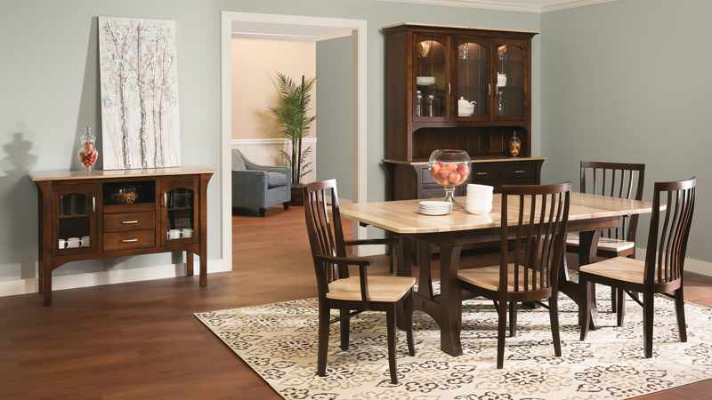 Extendable dining table with flared legs, matching chairs, and china cabinet.