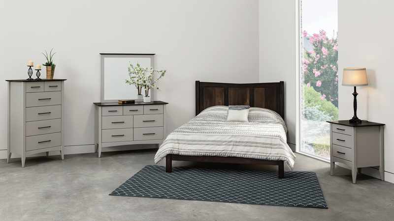Simplicity Collection bedroom. Dresser with mirror, bed, nightstand, handcrafted Amish furniture.