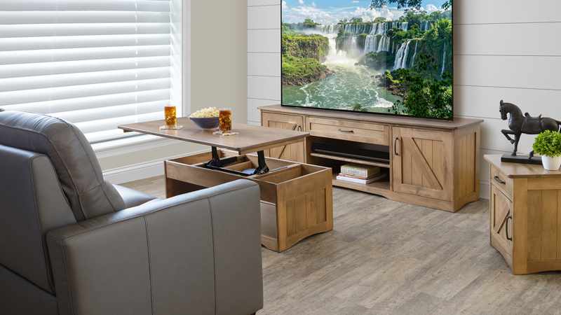 Coffee table and entertainment center in living room